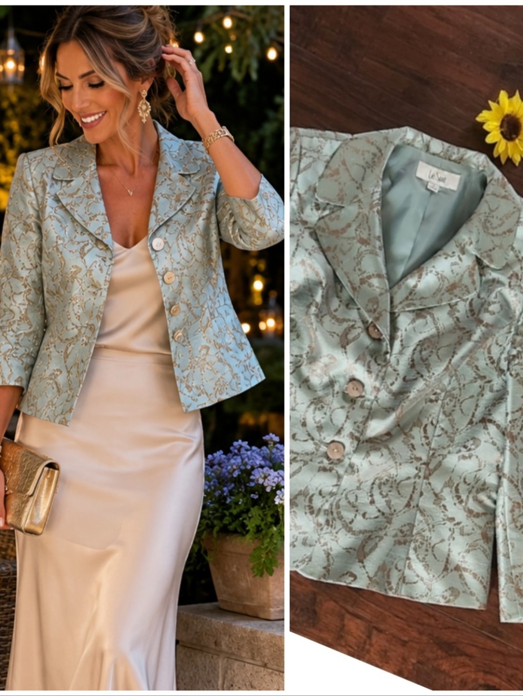 Le Suit Elegant Mint Brocade Jacket With Gold Accents